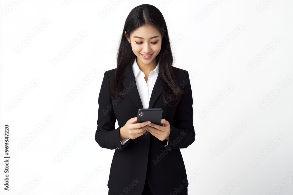 Smiling young adult Asian business woman wearing black suit standing on isolated white background using applications on cell phone gadget, reading news on smartphone, with generative ai Smiling young adult Asian business woman wearing black suit standing on isolated white background using applications on cell phone gadget, reading news on smartphone, with generative ai
