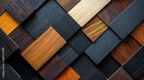 High-contrast wood swatches, featuring a rustic combination of dark ebony and light maple, displayed in a sleek, modern geometric arrangement