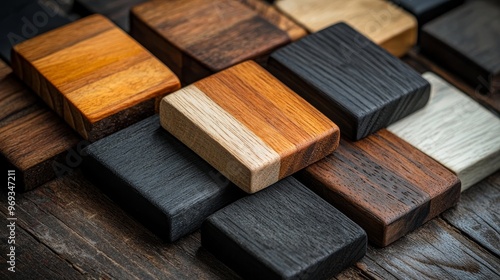 High-contrast wood swatches, featuring a rustic combination of dark ebony and light maple, displayed in a sleek, modern geometric arrangement