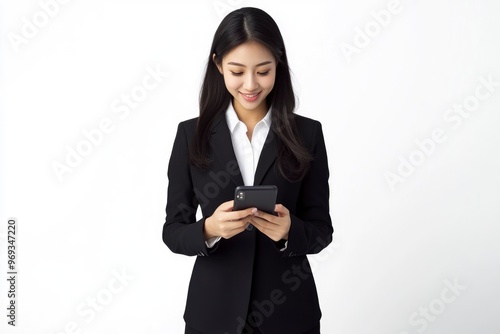 Smiling young adult Asian business woman wearing black suit standing on isolated white background using applications on cell phone gadget, reading news on smartphone, with generative ai