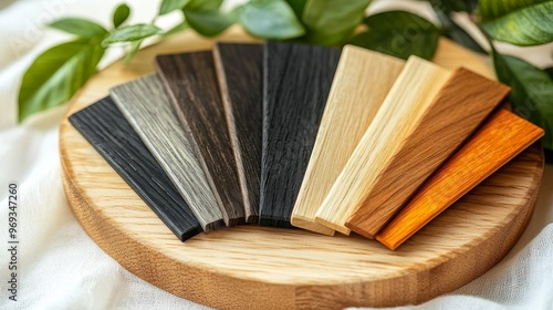 High-contrast wood swatches, featuring a rustic combination of dark ebony and light maple, displayed in a sleek, modern geometric arrangement