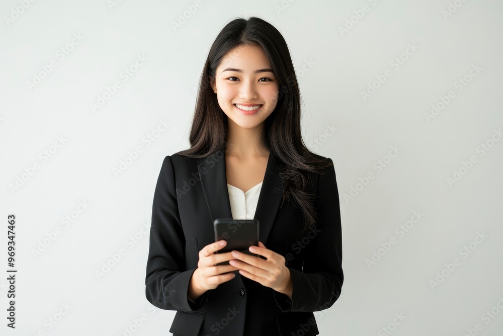 Smiling young adult Asian business woman wearing black suit standing on isolated white background using applications on cell phone gadget, reading news on smartphone, with generative ai Smiling young adult Asian business woman wearing black suit standing on isolated white background using applications on cell phone gadget, reading news on smartphone, with generative ai