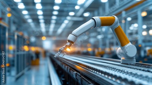 Robotic arm working on an assembly line in a modern factory, with blurred background Created with Generative AI. photo