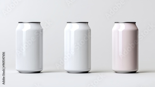 Three stylish aluminum cans in white and pink on a minimalistic background, perfect for beverage packaging design.