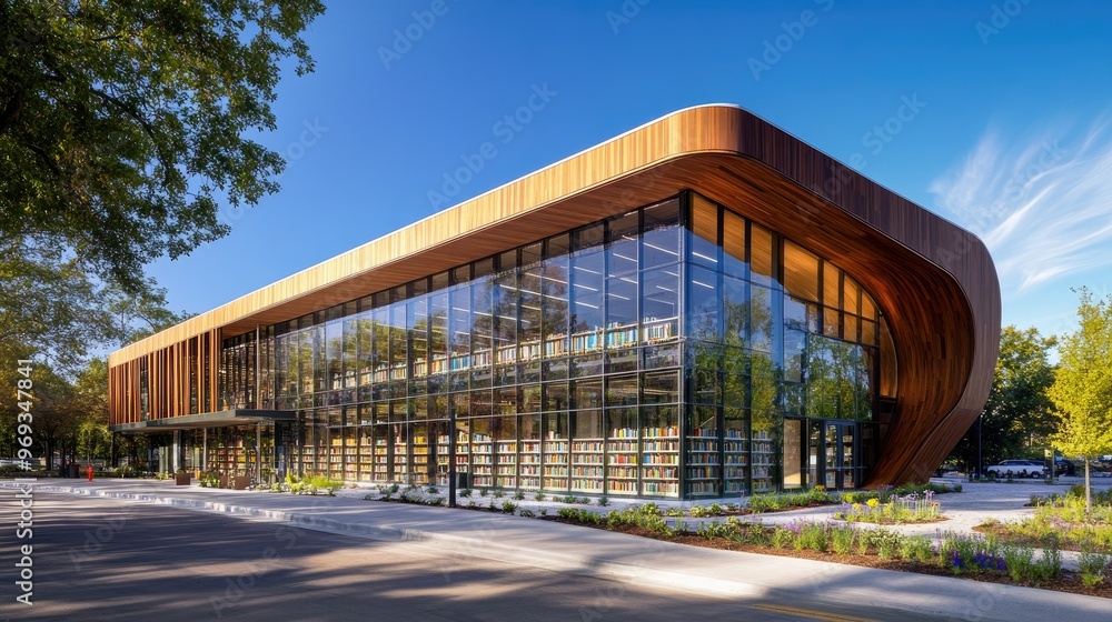 Exterior of a contemporary library with innovative design and a focus on natural light. Exterior of a contemporary library with innovative design and a focus on natural light.