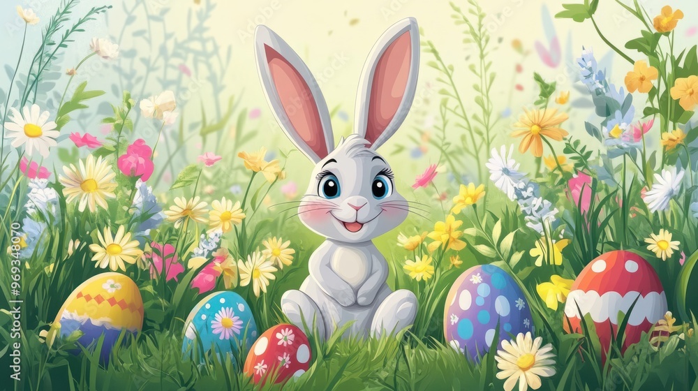 A cartoon rabbit sitting in a meadow, surrounded by colorful Easter eggs and flowers, with a big smile on its face. A cartoon rabbit sitting in a meadow, surrounded by colorful Easter eggs and flowers, with a big smile on its face.