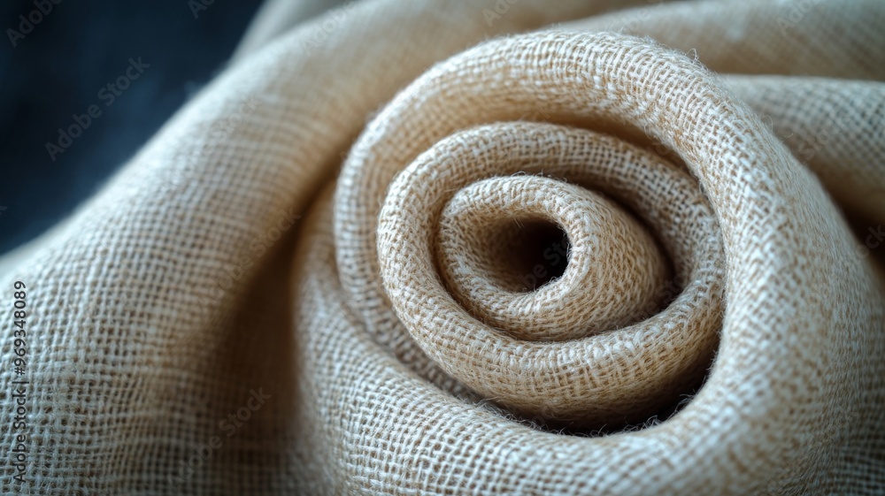 Close-up of burlap fabric rolled into a spiral, detailed texture. Natural material and craftsmanship concept Close-up of burlap fabric rolled into a spiral, detailed texture. Natural material and craftsmanship concept