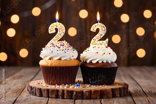 22nd birthday cupcake with whipped cream, sprinkles, candles, and number 22, on wooden background with bokeh lights photo