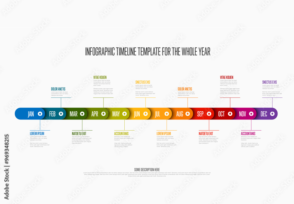 Whole year timeline template with month names and rainbow color blocks