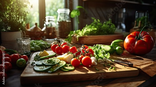 A cozy kitchen scene with a cutting board full of organic vegetables being chopped, surrounded by ingredients like tomatoes, cucumbers, and fresh basil, with natural light streaming in. photo