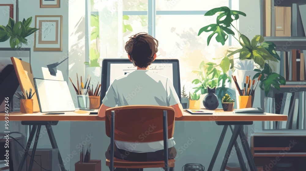 High-quality, minimalist, bright and creative illustrations of a digital artist blending traditional and digital media, with paintbrushes, canvas High-quality, minimalist, bright and creative illustrations of a digital artist blending traditional and digital media, with paintbrushes, canvas