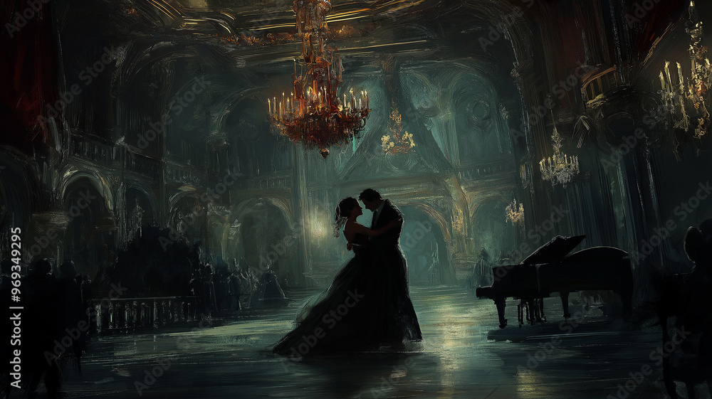 A couple is dancing in a ballroom with a large chandelier above them A couple is dancing in a ballroom with a large chandelier above them