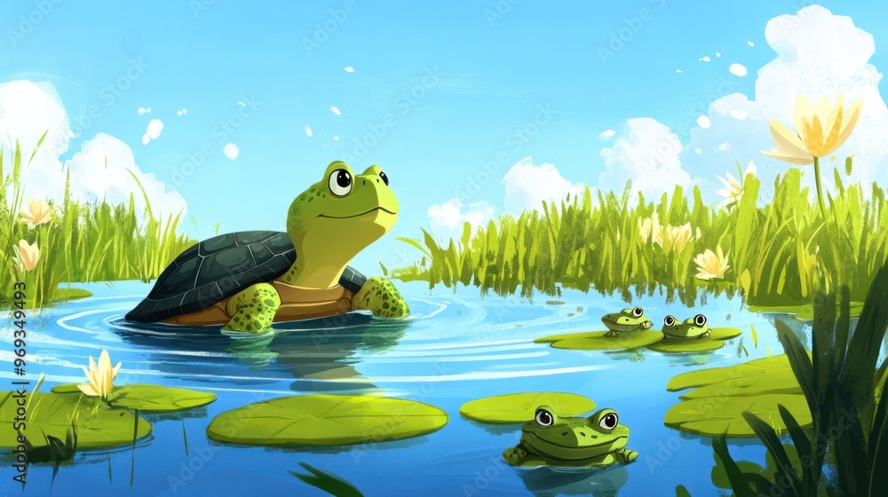Fototapeta premium A cartoon turtle swimming in a pond, with lily pads and frogs hopping around, under a bright blue sky.