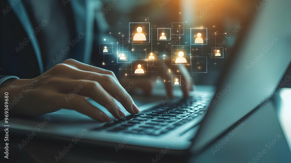 Illustration of Human Resources Management and Online Recruitment Concept - Businesswoman Using Laptop with Virtual Holographic Interface Showing Network of People Icons