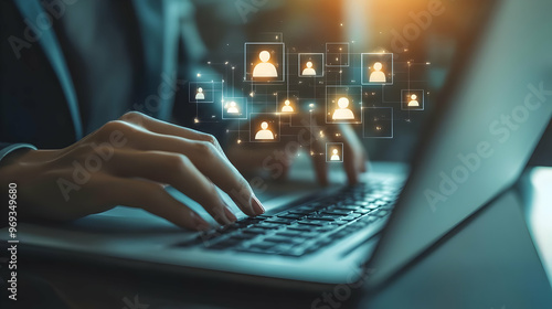 Obraz na płótnie Illustration of Human Resources Management and Online Recruitment Concept - Businesswoman Using Laptop with Virtual Holographic Interface Showing Network of People Icons w salonie