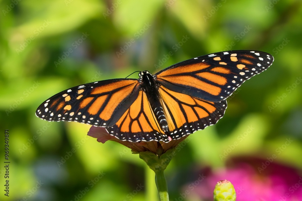 Closeup of a Monarch Butterfly with open wings perched on a flower Closeup of a Monarch Butterfly with open wings perched on a flower