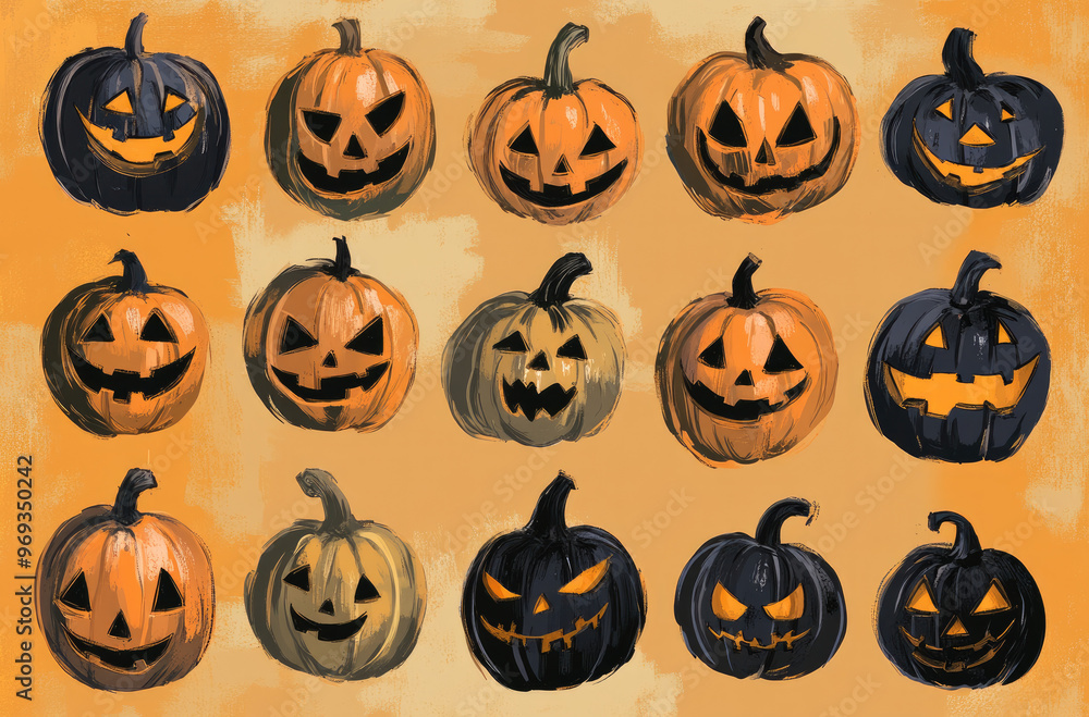 A Series of Halloween Pumpkin Illustrations in Various Styles for a Spooky Decor A Series of Halloween Pumpkin Illustrations in Various Styles for a Spooky Decor