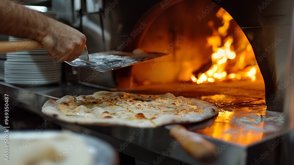 Inside a contemporary restaurant a long pizza shovel is used to bake dough over an open flame in a professional oven