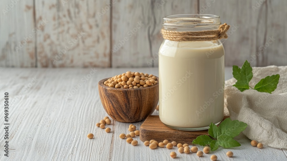 Fresh Soy Milk in Jar with Soybeans Fresh Soy Milk in Jar with Soybeans