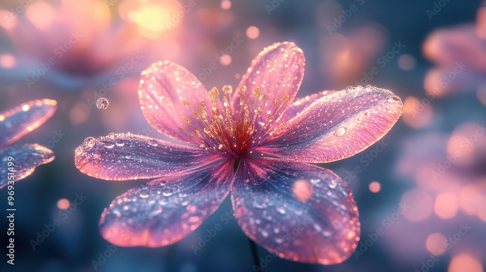 A stunning close-up of a pink flower glistening with morning dew in soft, dreamy light, creating a serene and magical atmosphere. A stunning close-up of a pink flower glistening with morning dew in soft, dreamy light, creating a serene and magical atmosphere.