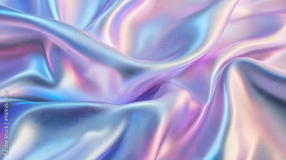 Fototapeta premium Iridescent silver, blue, and purple wavy cloth, shiny and glossy