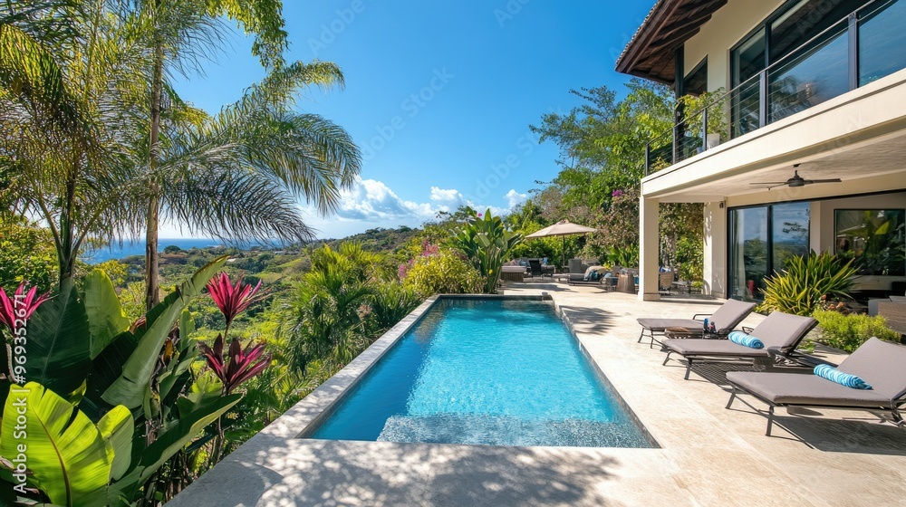 Fototapeta premium Luxury villa with a private pool, surrounded by tropical plants and stunning views.