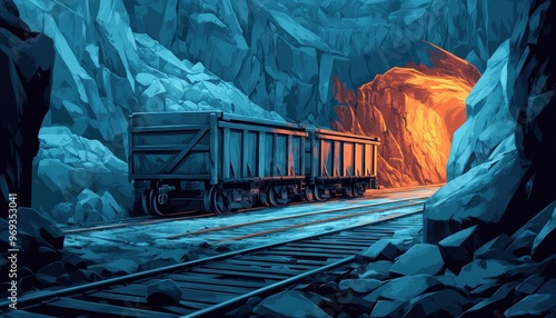 Forgotten Cryptocurrency Mine - Illustration of Abandoned Mine with Trolley and Cryptocurrency Mining Concept, Copy Space for Text photo