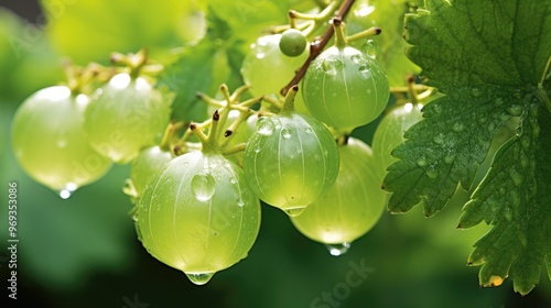 A close-up of a cluster of ripe gooseberries on the bush, showing their translucent green skin with a hint of red, glistening with morning dew under soft sunlight. photo