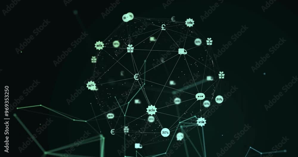 Animation of globe of connections with icons on black background Animation of globe of connections with icons on black background