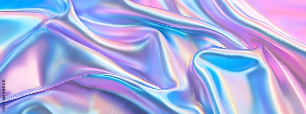Fototapeta premium Iridescent silver, blue, and purple wavy cloth, shiny and glossy