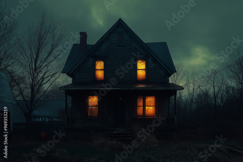 A large, old house with a dark exterior and a lighted window