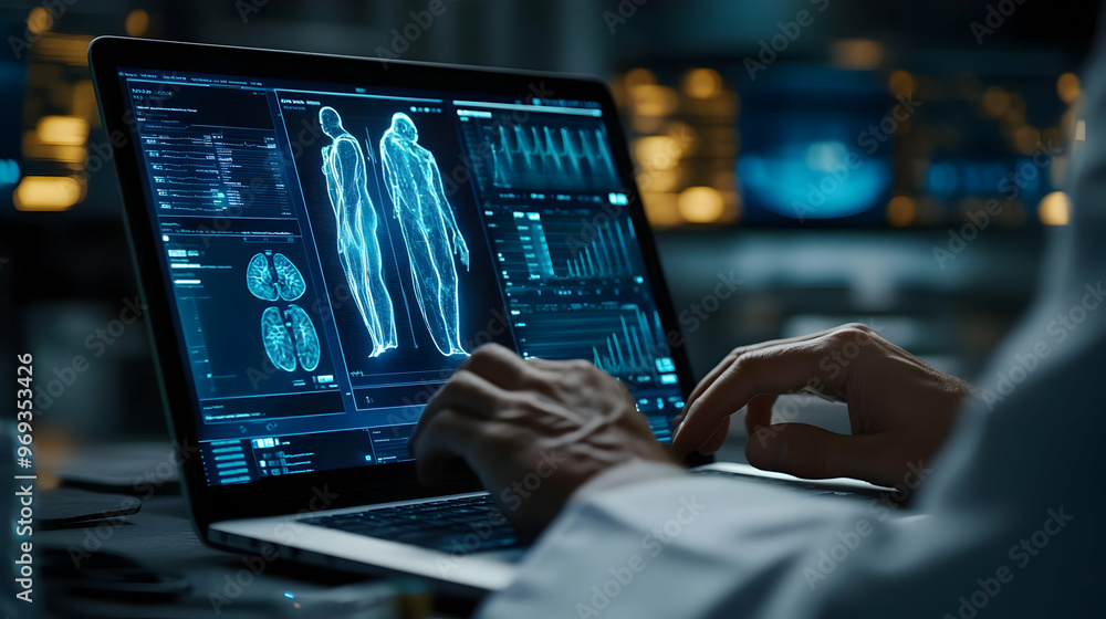 Medical Technology Illustration - Doctor Analyzing Patient Data on Laptop with 3D Body Scan and Brainwave Charts Medical Technology Illustration - Doctor Analyzing Patient Data on Laptop with 3D Body Scan and Brainwave Charts