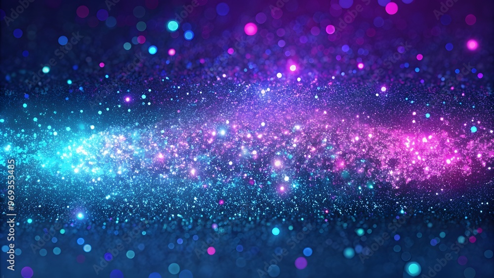 Neon glitter background. Grain texture. Defocused sparkles. Bokeh glow. Fluorescent blue magenta pink color gradient light shimmering sequin pattern. Abstract modern Purple Glitter Background