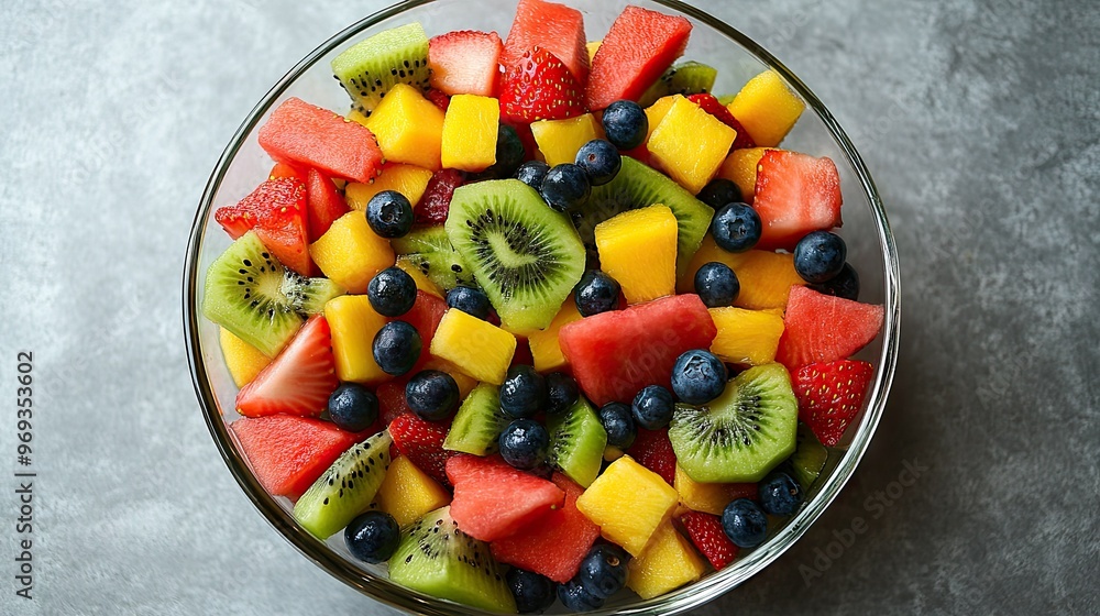 Mixed fruit salad in a glass bowl, including watermelon, kiwi, strawberries, and blueberries. Mixed fruit salad in a glass bowl, including watermelon, kiwi, strawberries, and blueberries.
