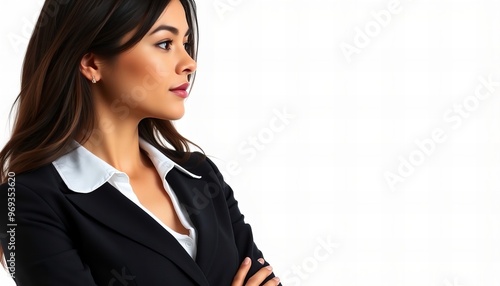 woman in a black suit with a white collared shirt. photo