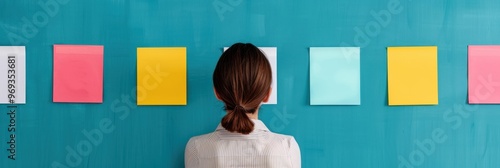 Back view of a woman with tied hair observing a series of colorful sticky notes placed on a blue wall, likely planning or brainstorming in an office.