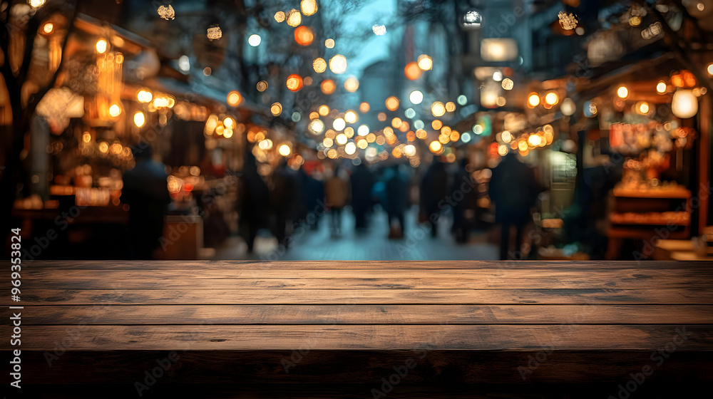 A bustling market scene illuminated by warm lights, with a wooden table in the foreground. A bustling market scene illuminated by warm lights, with a wooden table in the foreground.