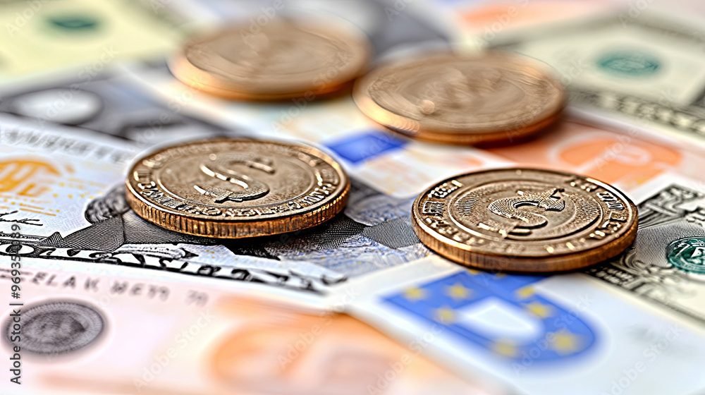 Different Currencies Laid out on a Table With Coins on Top, Showcasing Global Finance and Commerce Trends in a Business Setting Different Currencies Laid out on a Table With Coins on Top, Showcasing Global Finance and Commerce Trends in a Business Setting