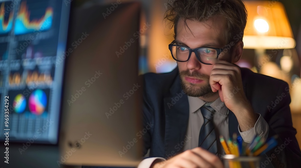 Businessman Checking Financial Charts on Computer, Portrait Shot with Copy Space, Simple Background Businessman Checking Financial Charts on Computer, Portrait Shot with Copy Space, Simple Background