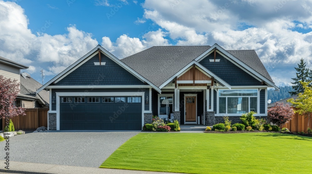 Modern suburban home with a well-manicured lawn and a two-car garage, symbolizing the American Dream. Modern suburban home with a well-manicured lawn and a two-car garage, symbolizing the American Dream.