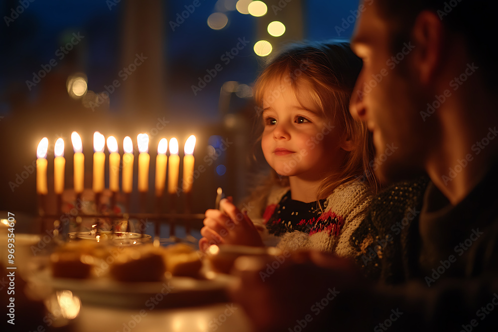 Hanukkah celebration. It is a time of family gatherings, menorah lighting, prayers and gift exchange Hanukkah celebration. It is a time of family gatherings, menorah lighting, prayers and gift exchange