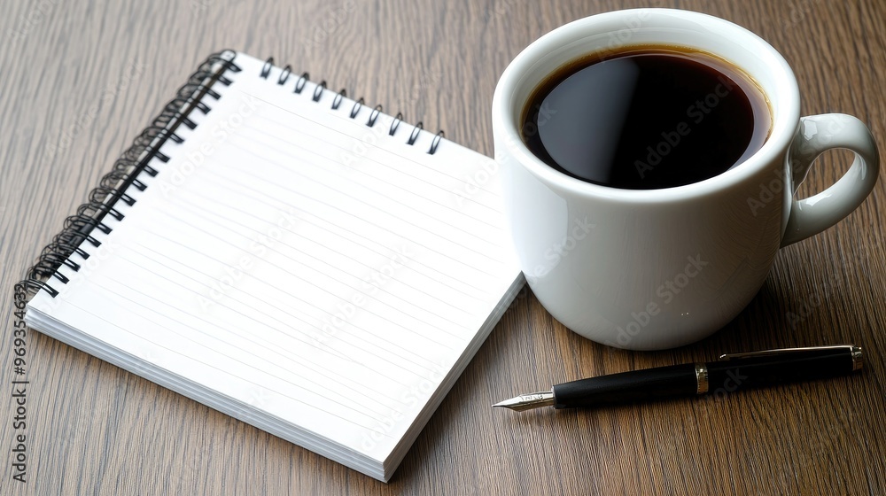 Office desk with a blank notepad, pen, and a cup of coffee, waiting for a business plan to be written. - Office desk with a blank notepad, pen, and a cup of coffee, waiting for a business plan to be written. -