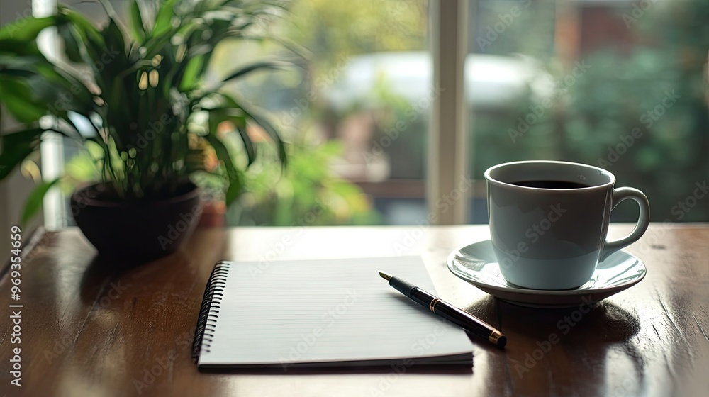 Office desk with a blank notepad, pen, and a cup of coffee, waiting for a business plan to be written. - Office desk with a blank notepad, pen, and a cup of coffee, waiting for a business plan to be written. -