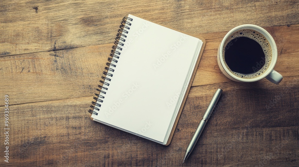 Office desk with a blank notepad, pen, and a cup of coffee, waiting for a business plan to be written. - Office desk with a blank notepad, pen, and a cup of coffee, waiting for a business plan to be written. -