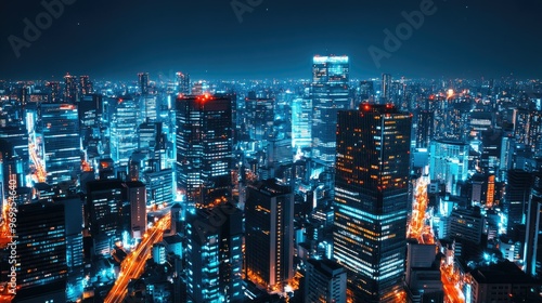 Night view of a city skyline with skyscrapers illuminated by bright lights.