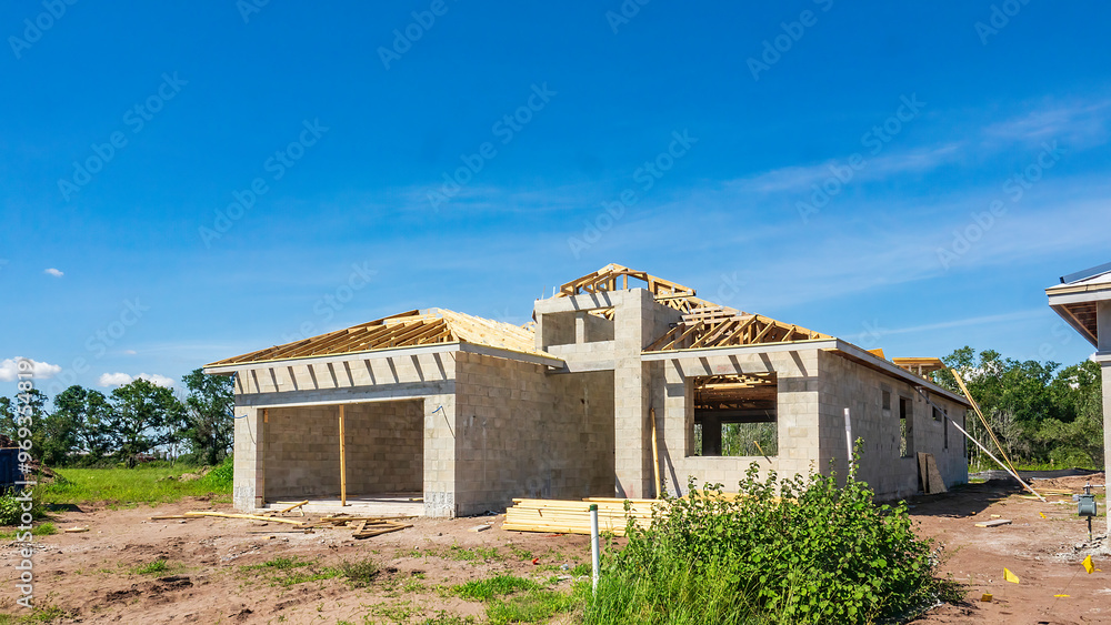 Concrete shell of a single-family house under construction, with roof in progress, in a suburban residential development on a sunny afternoon in southwest Florida Concrete shell of a single-family house under construction, with roof in progress, in a suburban residential development on a sunny afternoon in southwest Florida