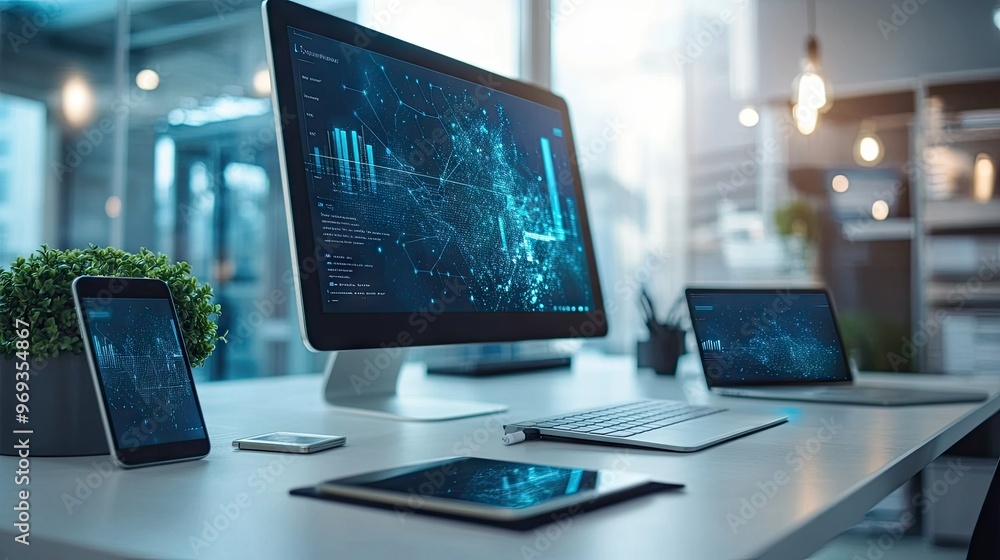 Office desk with a computer, smartphone, and notebook, symbolizing modern business tools and connectivity. Office desk with a computer, smartphone, and notebook, symbolizing modern business tools and connectivity.