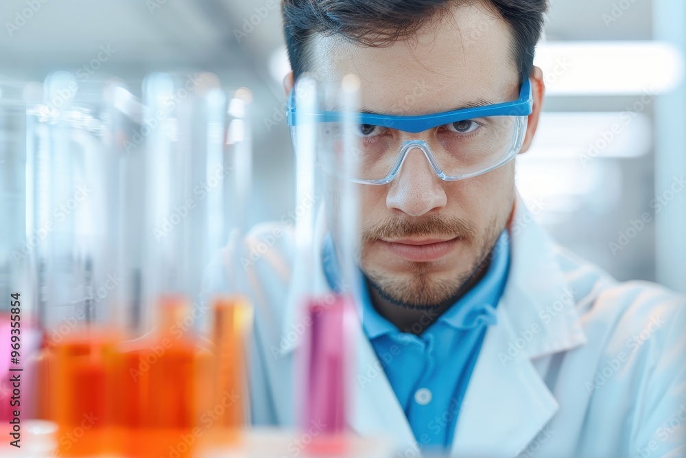 Focused male scientist in a lab coat and safety goggles analyzing colorful test tubes during an experiment in a laboratory setting. Focused male scientist in a lab coat and safety goggles analyzing colorful test tubes during an experiment in a laboratory setting.
