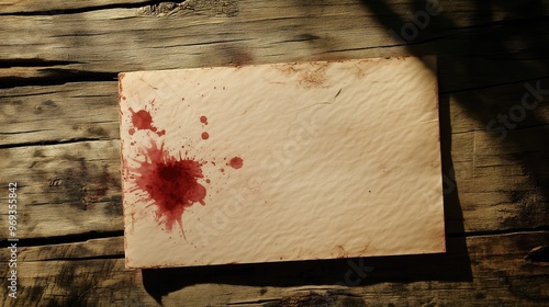 Stain of blood on white blank piece of vintage paper on neutral background