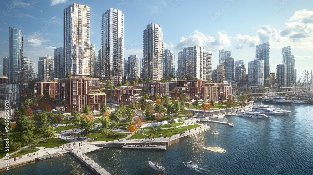 Panoramic view of a modern cityscape with high-rises, green spaces, and a bustling harbor. Panoramic view of a modern cityscape with high-rises, green spaces, and a bustling harbor.